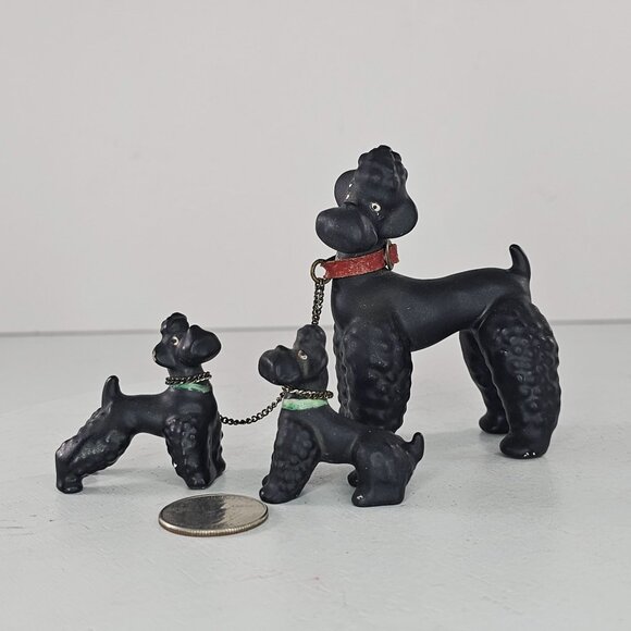 Vintage Early Goebel Pre Hummel Black Poodle Family Figurines Chain Leash Set - Picture 2 of 11